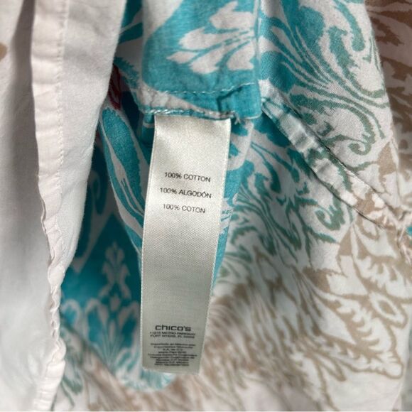 Chico's Ikat Cotton Print Rolltab Sleeve Pink Turquoise Blouse Top 1/ M - Picture 6 of 6